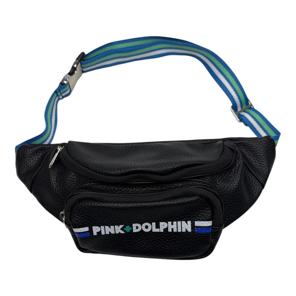 Pink Dolphin Black Fanny Pack Belt Bag Striped Adjustable Strap Zip Pockets